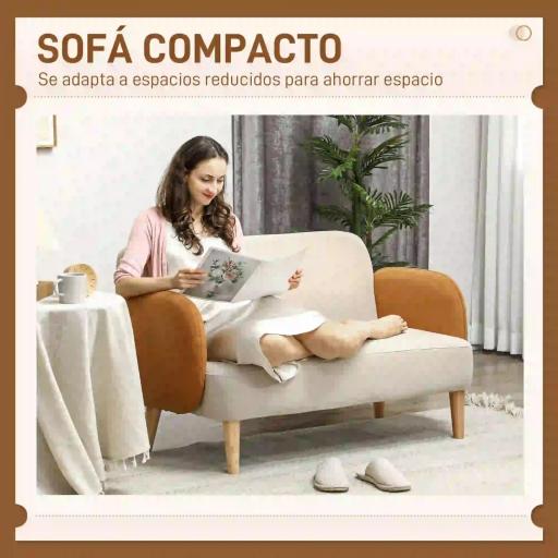 Sofá de 2 Plazas Tapizado en Terciopelo con Reposabrazos y Patas de Madera Sofá Pequeño Carga 240 kg 130x74x76 cm Crema [2]