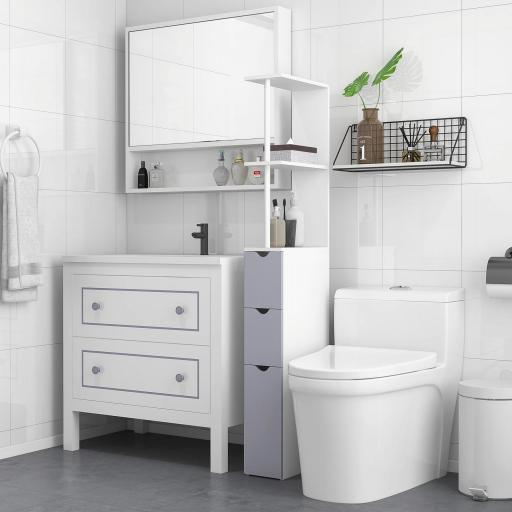 Columna de Baño Moderno Mueble Auxiliar de Baño con 2 Estantes 2 Cajones y 1 Puerta Antivuelco 15x33x136,5 cm Blanco
