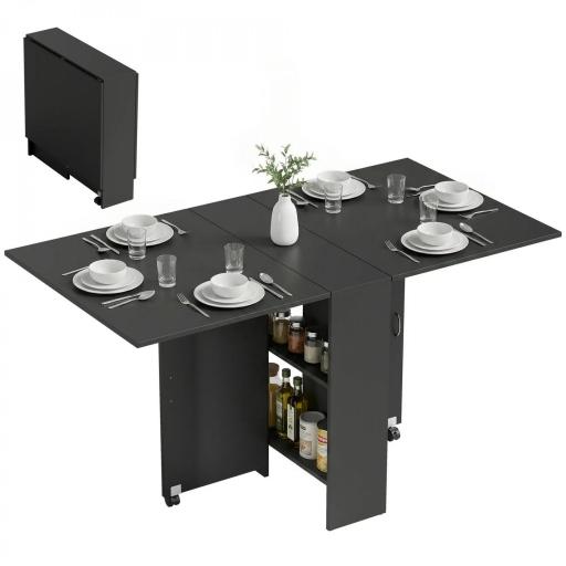 Mesa de Cocina Plegable con 2 Ruedas 2 Estantes de Almacenaje y 2 Alas Abatibles Estilo Moderno 75x140x74 cm Negro [8]