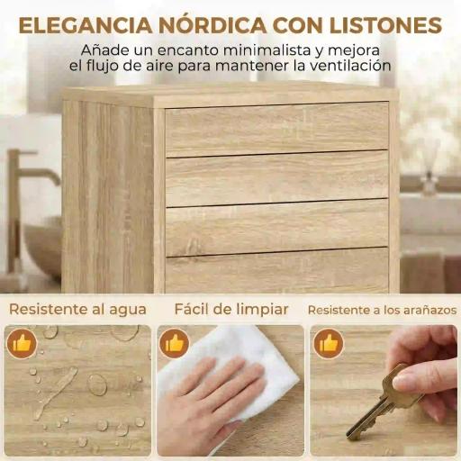 Armario Alto para Baño con Estantes Ajustables Puertas de Lamas Apertura por Presión 34x23x170 cm Natural [7]