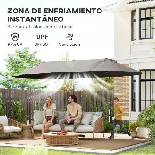 Sombrilla Doble para Jardín 455x265x238 cm Parasol Grande con Manivela Manual Resistente al Agua Protección Solar Gris [3]