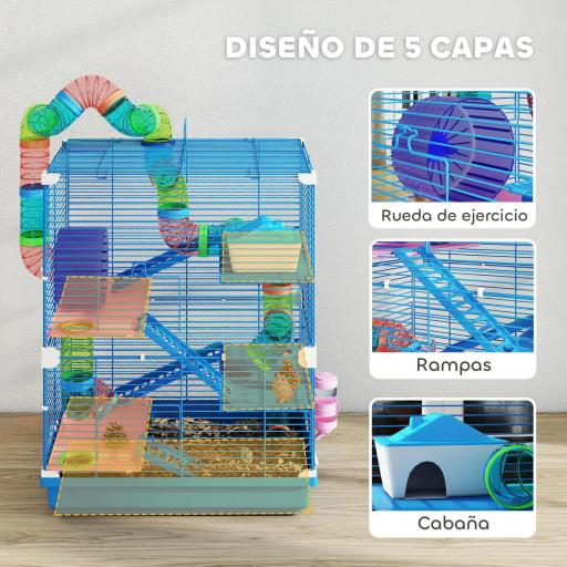 Jaula de Hámster con Túnel Plataformas Cuenco Bebedero Casita Rampas y Rueda de Ejercicio 46x30x58 cm Azul [6]