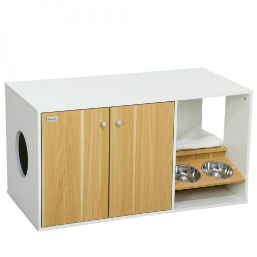 Mueble Arenero para Gatos 3 en 1 con Puertas Cojín Tazones y Estera para Rascar 95x48x50,5 cm Blanco y Roble [8]