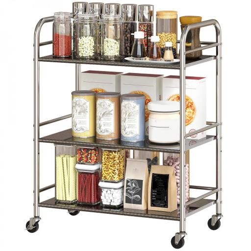 Carrito Auxiliar con Ruedas de Acero Inoxidable Carro de Servicio de 3 Niveles con Estante Ajustable 60x35x77 cm Plata [7]