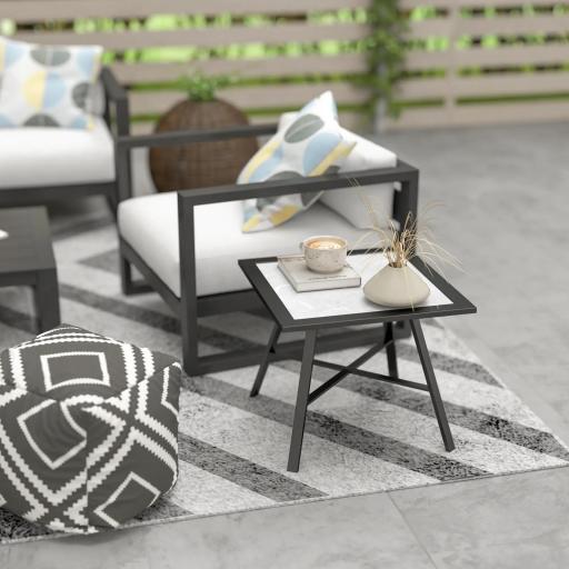Mesa Auxiliar de Jardín con Encimera de Aspecto Piedra Gris y Estructura Negra 55x55x46 cm Mesita de Exterior Compacta [6]