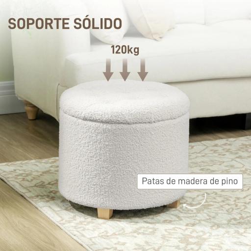 Puff Almacenaje Baúl de Almacenaje Redondo 40,5L 45x45x41 cm Tapizado en Borreguillo con Patas de Madera Blanco [3]