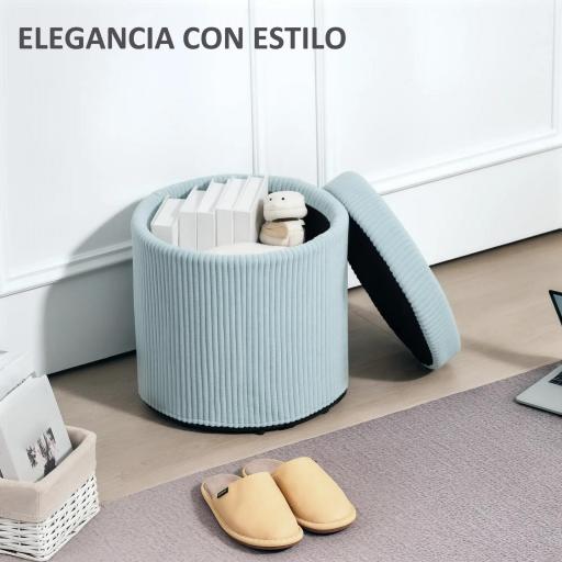 Puff con Almacenaje Redondo Tapizado en Pana con Estructura de Acero Estable y Acolchado Suave Ø40x41 cm Azul Claro [2]
