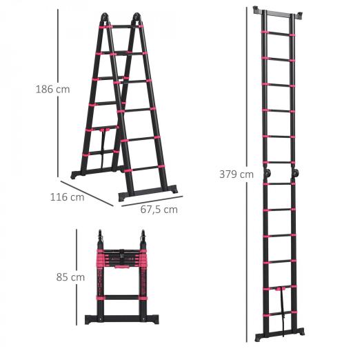 Escalera de Aluminio Plegable 2 Formas de Uso con 12 Escalones Antideslizantes Carga 150 kg 379x67,5x11 cm Negro y Rojo [9]