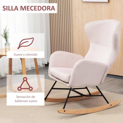 Silla Mecedora Tapizada en Terciopelo Sillón Balancín Relax con Asiento Acolchado y Reposabrazos 65x87x102cm Rosa [3]
