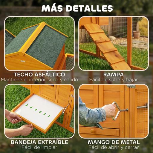 Gallinero de Madera Grande para 3-6 Gallinas con Techo Asfáltico Nido y Bandeja Extraíble 297,5x68x118 cm Natural [4]