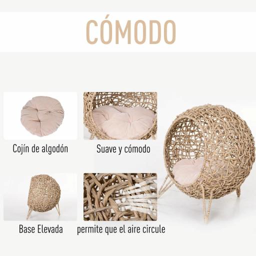 Cama Cueva de Ratán para Gatos o Mascotas Pequeña con Base Trípode Cojín de Felpa y Algodón Suave Diseño Elevado Estable Φ52x58 cm Madera Natural [3]
