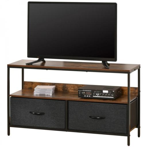 Mueble de TV, Mesa de TV con Estante y 2 Cajones de Tela Plegables, para Televisores hasta 47 Pulgadas, Largo de 98 cm, para Salón, Dormitorio, Marrón Rústico y Negro [9]