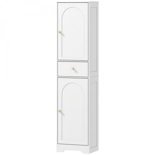 Armario Alto de Baño Estrecho con 2 Puertas Arqueadas Cajón y Estantes Ajustables Moderno 40x29,5x170 cm Blanco Veteado [9]