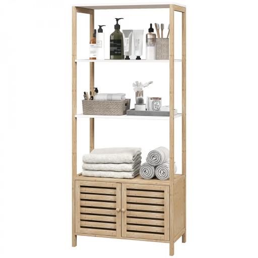 Estantería de Baño de Bambú con 3 Estantes Abiertos Puertas de Lamas 63x30x138 cm Natural y Blanco [8]