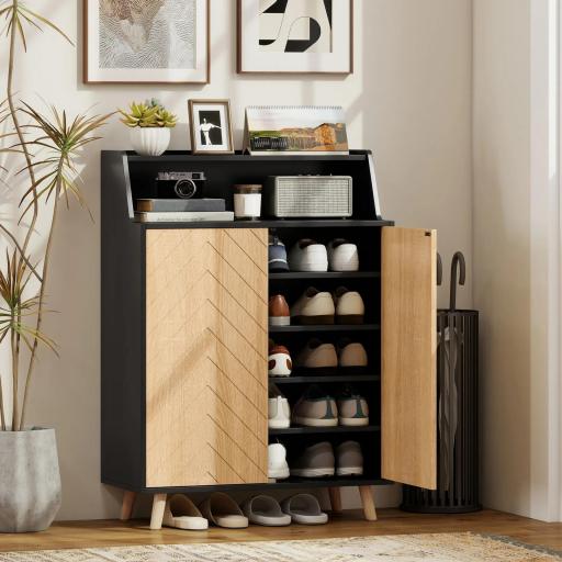 Zapatero Entrada Recibidor con 2 Puertas Estantes Ajustables y Compartimento Abierto 75x35x104 cm Negro y Natural