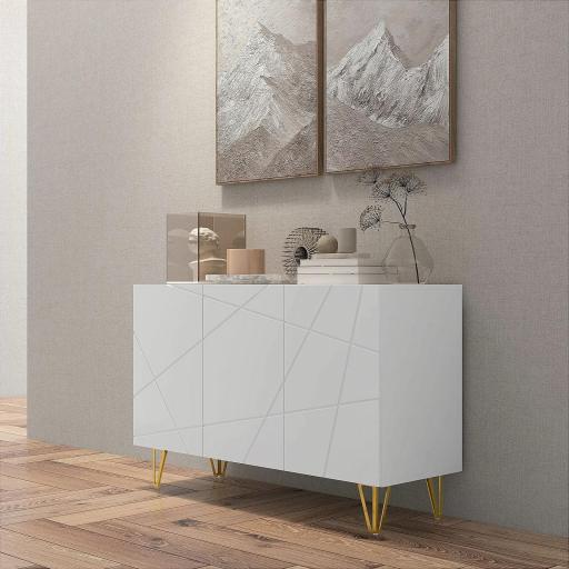 Aparador de Entrada con 3 Puertas y Estantes Ajustables para Cocina Sala 120x40x75 cm Blanco Brillante [6]