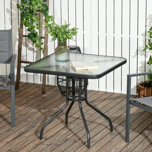Mesa de Jardín Cuadrada 76x76x72 cm con Agujero para Sombrilla y Encimera de Vidrio Templado para Patio Terraza Negro