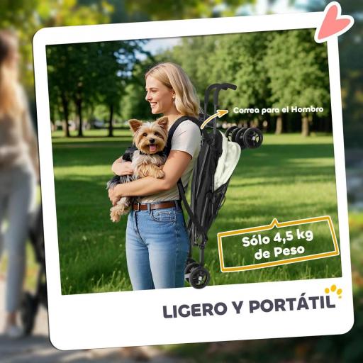 Cochecito para Perros Pequeños con Estructura de Paraguas con Cojín Lavable Portavaso Ventanas de Malla y Bolsa Crema [4]