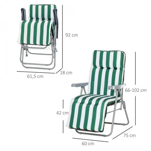  2 Tumbonas de Jardín de Acero con Cojín Acolchado Respaldo Ajustable y Reposapiés 60x75x66-102 cm Rayas Verde [1]