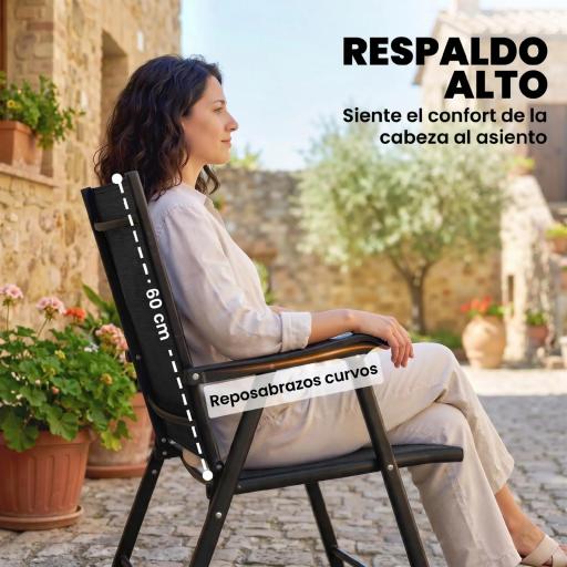 Conjunto de 4 Sillas de Jardín Exterior Plegables con Respaldo Alto y Reposabrazos para Terraza Playa 58x62x97 cm Negro [6]