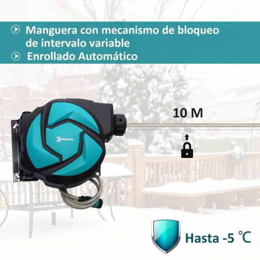 Carrete para Manguera Retráctil 10m con 7 Modos de Riego Sistema de Enrollado Automático con Bloqueo Conector de 1m para Jardín Césped 28x14x34 cm Negro y Verde [3]