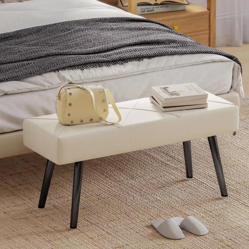 Taburete Pie de Cama Multifuncional con Pies de Acero y Asiento Acolchado para Entrada Pasillo 100x36x45 cm Blanco Crema