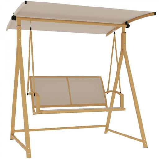 Columpio de Jardín de 2 Plazas con Toldo Ajustable y Estructura Triangular de Metal Carga 220 kg 160x112x162 cm Caqui [7]