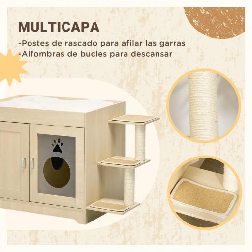 Mueble Arenero para Gatos con Cama Cojín Suave 3 Plataformas y Postes de Sisal 107x54x70 cm Roble [4]