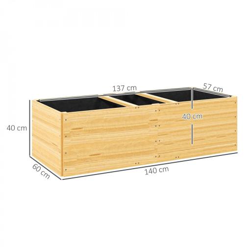 Jardinera de Madera con 3 Zonas de Cultivo y Forro Ideal para Verduras Hierbas y Flores 140x60x40cm Natural [1]
