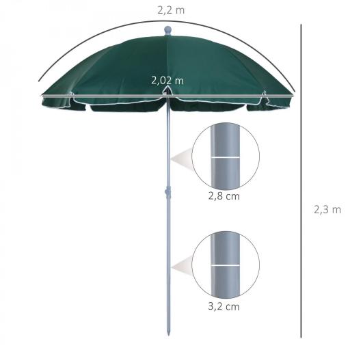 Sombrilla de Playa Diámetro de Ø202 cm con Techo Inclinable Poste Desmontable y Pincho Inferior para Jardín Verde [1]