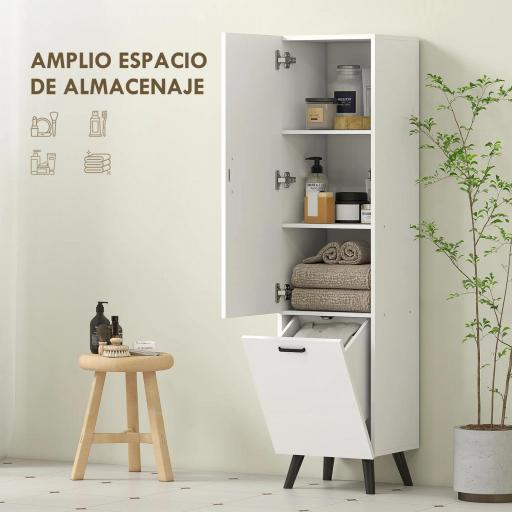 Armario Alto para Baño con Puertas y Estantes Cesto para Ropa Sucia en Espacios Reducidos 35x31,5x144 cm Blanco [5]