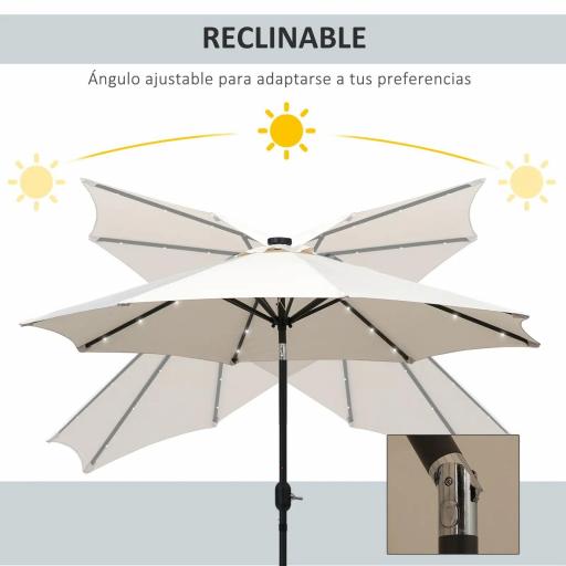 Parasol de Terraza Ø268x238 cm con 24 Luces LED Solar Mecanismo de Inclinación Manivela y Poste Desmontable Crema [5]