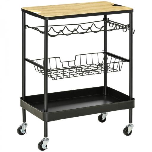 Carro de Cocina con Ruedas Carrito de Servicio Multiuso con Botellero Cesta Extraíble Bandeja 60,5x35,5x75 cm Negro [9]