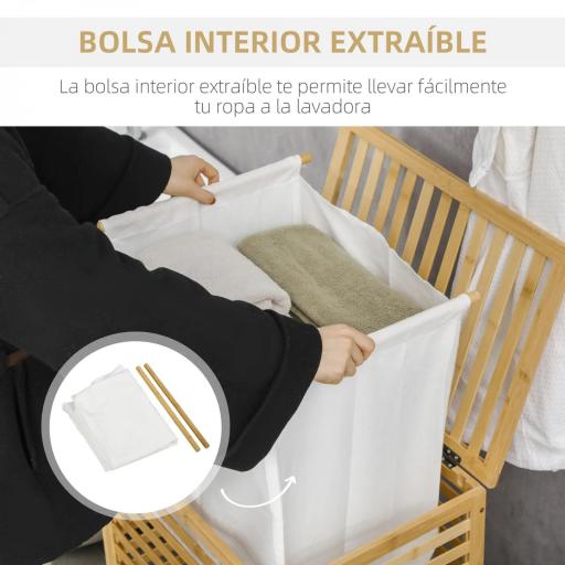 Cesta para la Colada de Bambú Capacidad de 55L Cesto para Ropa Sucia con 2 Asas y Bolsa Extraíble 50x36x60 cm Natural [4]