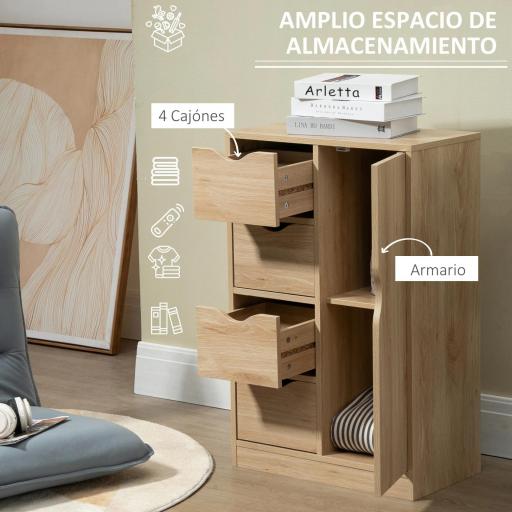 Armario de Salón Aparador Auxiliar con 4 Cajones 1 Puerta y Estante Interior Mueble de Almacenaje Multiusos para Baño Dormitorio Comedor 54x29x83 cm Roble [3]