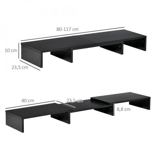 Soporte Elevador para Monitores de Madera Ajustable en Longitud y Ángulo para 2 Pantallas de Ordenador Portátil 80-117x23,5x10 cm Negro [1]