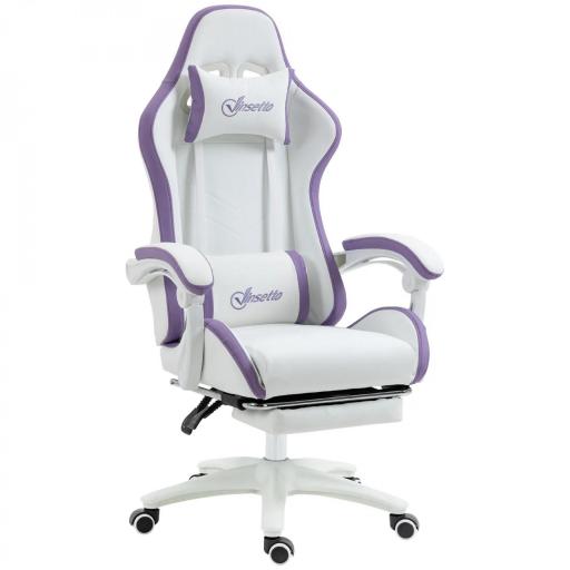 Silla Gaming Silla Gamer de Cuero PU Altura Ajustable Reclinable 135° Reposacabezas y Reposapiés 65x65x121-129 cm Blanco [9]