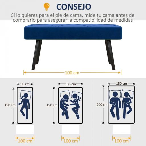 Taburete Pie de Cama Multifuncional con Pies de Acero y Asiento Acolchado para Entrada Pasillo 100x36x45 cm Azul Oscuro [5]