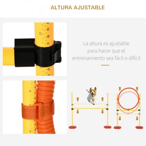 Conjunto 4 Obstáculos de Entrenamiento para Perro Set de Agilidad para Mascotas Estable Altura Ajustable de Aro con Túnel Postes y Bolsa Transporte Amarillo [6]
