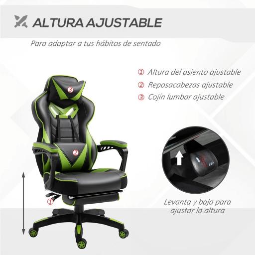 Silla Gaming Ergonómica Silla de Escritorio de Oficina Regulable en Altura Reclinable Respaldo con Reposapiés Reposacabezas Cojín Lumbar Ruedas 65x70x118,5-128,5 cm Verde [4]