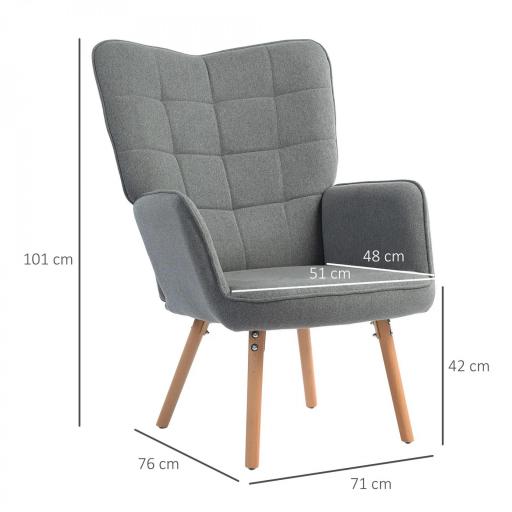 Butaca de Dormitorio con Respaldo Alto Reposabrazos Tela de Lino y Patas de Madera para Sala de Estar 71x76x101 cm Gris [1]