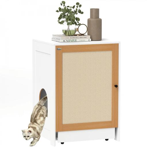 Mueble Arenero para Gatos con Bandeja Extraíble Compartimentos y Tapete para Rascar 57x50x80,5 cm Blanco y Roble [8]