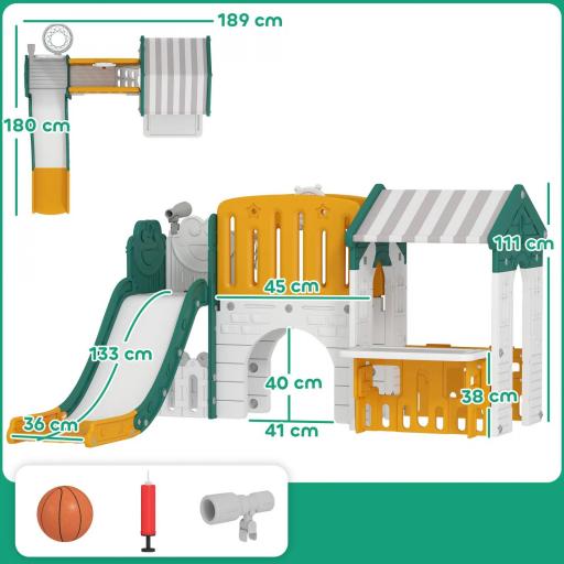 Tobogán Infantil 7 en 1 con Caseta Escalera Aro de Baloncesto Túnel Pizarra Telescopio para Interior Amarillo y Verde [1]