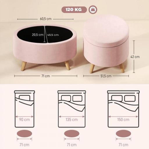 Puff Almacenaje Ovalado Banco Almacenaje 71x51,5x42 cm Tapizado en Terciopelo con Patas de Madera Maciza Rosa Claro [3]
