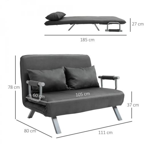 Sofá Cama de 2 Plazas con Respaldo Ajustable en 5 Posiciones Tapizado con Tacto de Ante y Cojines 111x80x78 cm Gris [1]