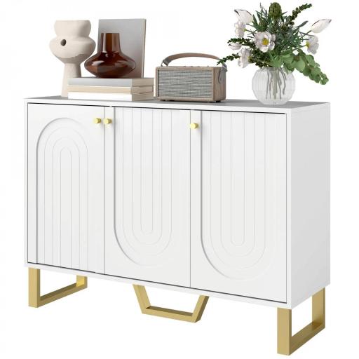 Aparador con 3 Puertas Arqueadas Estantes Ajustables y Patas Doradas 106,5x35x77,5 cm Blanco [8]
