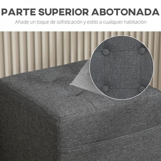 Reposapiés de Salón Taburete Bajo Tapizado en Lino con Bolsillo Lateral y Tapa con Botones Acolchados Gris [7]