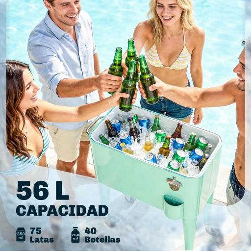 Carro de Bebidas Refrigerado 56L con Ruedas Abrebotellas Recogetapas y Asa para Patio Fiesta 75x35x78 cm Verde Claro [2]