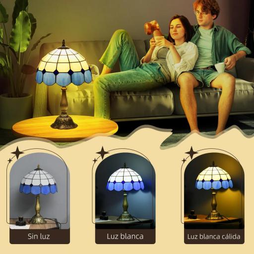 Lámpara de Mesa Estilo Clásico Hecha a Mano Lámpara de Noche de Vidrio para Dormitorio Salón Ø31x48 cm Azul [2]