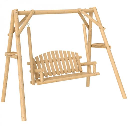 Banco Columpio de Jardín de Madera de 2 Plazas con Bandejas Laterales Reposabrazos y Estructura en A Natural [9]